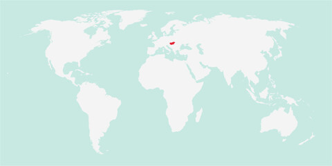 Vector map of the world with the country of Hungary highlighted highlighted in red on white background.