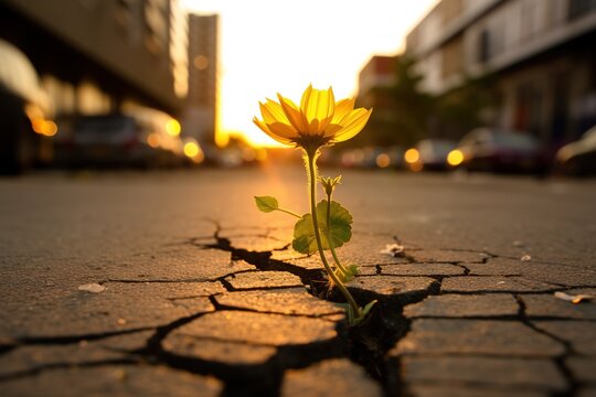 small flower grow on cracked street