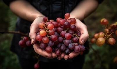 Female Hands with Freshly Harvested Red Grapes, Grapes Harvest, generative AI