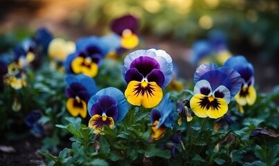 Flowering blue and yellow pansies in the garden, Summer nature landscape with fresh pansy flowers outdoor, generative AI - obrazy, fototapety, plakaty