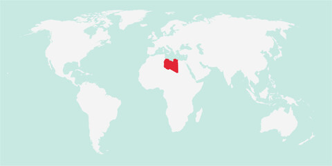 Vector map of the world with the country of Libya highlighted highlighted in red on white background.