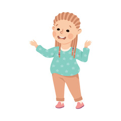 Happy adorable little girl in casual outfit gesturing with her hands vector illustration