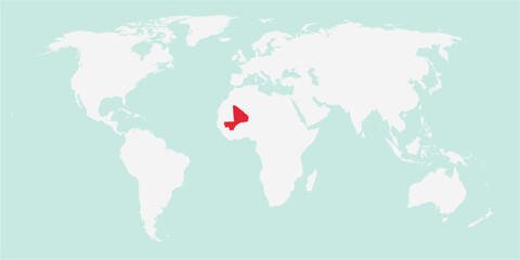 Vector map of the world with the country of Mali highlighted highlighted in red on white background.