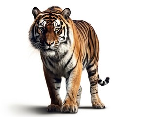 A Bengal tiger standing on a white surface with a white background and looking at the camera.