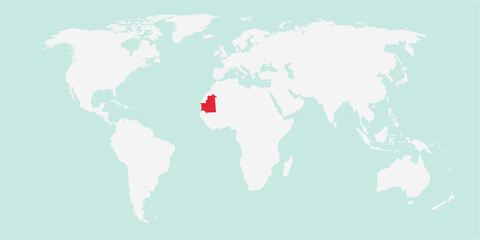Vector map of the world with the country of Mauritania highlighted highlighted in red on white background.