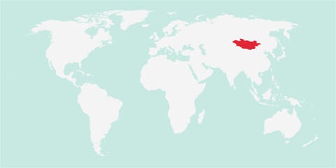 Vector map of the world with the country of Mongolia highlighted highlighted in red on white background.