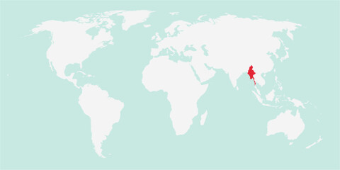 Vector map of the world with the country of Myanmar highlighted highlighted in red on white background.