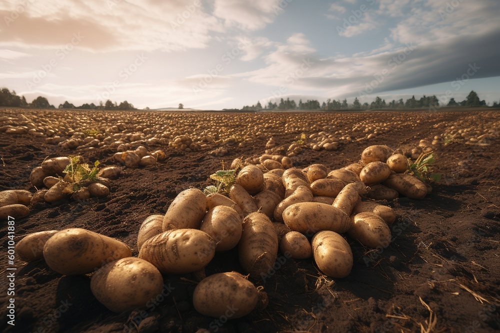 Poster a group of potatoes that have been left to lie in the ground. generative ai