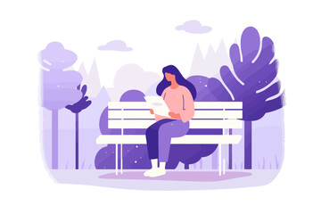 a young woman reading a book, sitting on a park bench. vector illustration.