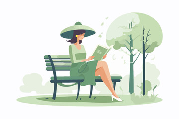 a young woman reading a book, sitting on a park bench. vector illustration.