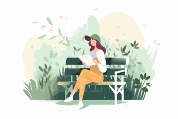 a young woman reading a book, sitting on a park bench. vector illustration.