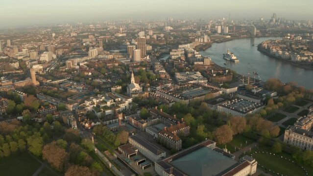 Circling aerial shot over Maritime Greenwich and the Cutty sark