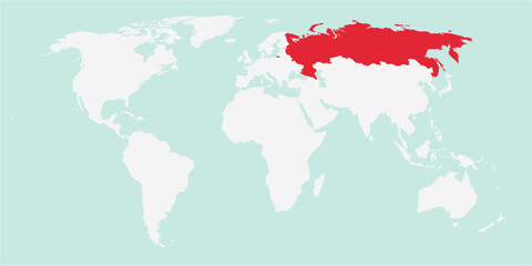 Vector map of the world with the country of Russia highlighted highlighted in red on white background.