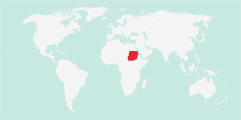 Vector map of the world with the country of Sudan highlighted highlighted in red on white background.