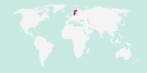 Vector map of the world with the country of Sweden highlighted highlighted in red on white background.