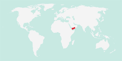 Vector map of the world with the country of Yemen highlighted highlighted in red on white background.