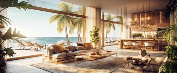 Fototapeta premium modern and luxurious open plan living room interior with kitchen and dining, sea views, beach vibes, tropical paradise, AI rendered