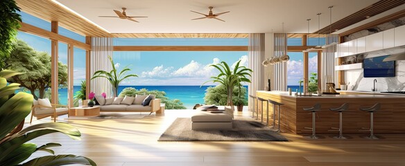 modern and luxurious open plan living room interior with kitchen and dining, sea views, beach vibes, tropical paradise, AI rendered