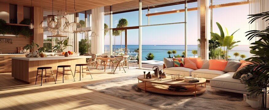 modern and luxurious open plan living room interior with kitchen and dining, sea views, beach vibes, tropical paradise, AI rendered