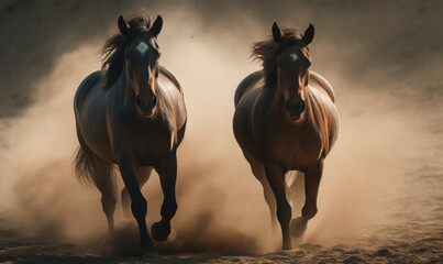 Horse herd portrait run fast against dark sky in dust, generative AI