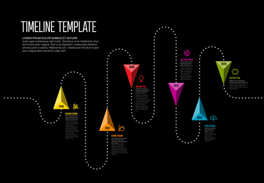 Infographic dotted timeline template with up and down triangle arrows on black