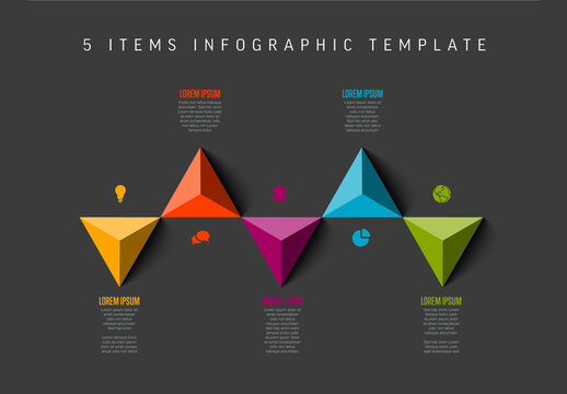 Five dark horizontal items elements template with icons and triangle arrows