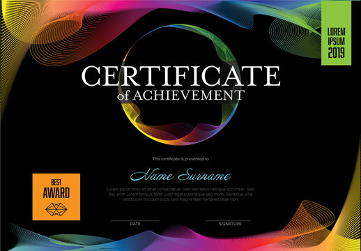Modern fresh, certificate template layout with rainbow curved lines, dark version