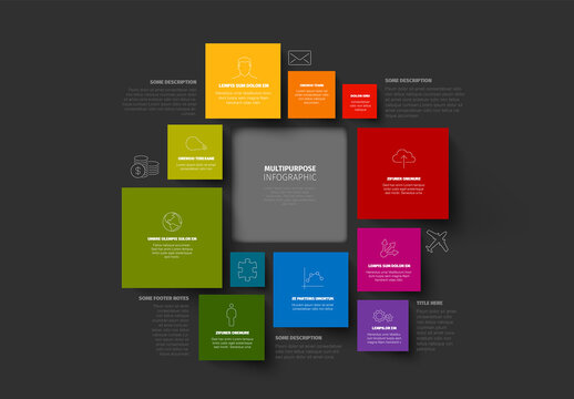 Multipurpose dark colorful square mosaic infographic with icons