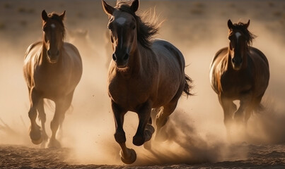 Horse herd portrait run fast against dark sky in dust, generative AI