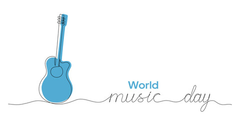 Vector illustration of single line drawing of guitar and lettering World Music Day. Music day logo concept with guitar.