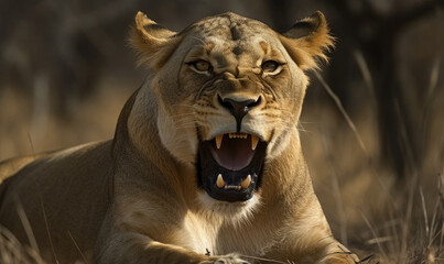 Lioness displaying dangerous teeth, generative AI