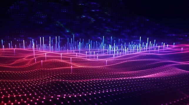 Abstrakt verbundene Punkte und Linien. Bewegung des digitalen Datenflusses. Kommunikations- und Technologie und Netzwerke Konzept mit sich bewegenden Linien und Punkten. 3D-Rendering, generative AI
