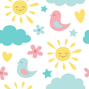 Seamless pattern with birds, hearts and flowers. Vector illustration