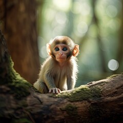 Baby Monkey Looking Over Fallen Log in Forest, Generative AI Illustration