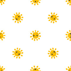 simple seamless pattern with funny yellow suns with face. Cute childish art with sun on white background. Baby design and print, fabric design, wall art, wrapping papper