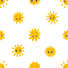 simple seamless pattern with funny yellow suns with face. Cute childish art with sun on white background. Baby design and print, fabric design, wall art, wrapping papper