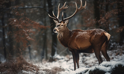 Naklejka na ściany i meble Noble deer male in winter snow forest, Winter christmas image, generative AI