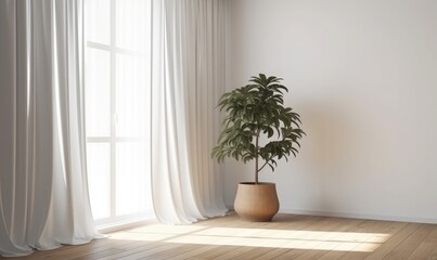 Plant against a white wall mockup, White wall mockup with brown curtain, plant and wood floor, 3D illustration, generative AI