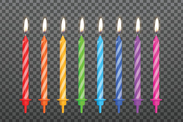 Birthday candles set with burning flames isolated on dark transparent background