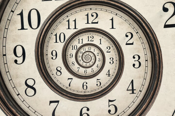 Vintage abstract infinite spiral clock face. Surreal watch twisted time concept illustration