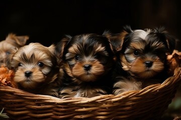 A basket of puppies peeking over the rim, fur or feathers and bright eyes on full display for maximum cuteness. Generative AI