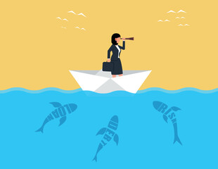 Vision and risk. Business woman standing on a boat looking for opportunities through binoculars