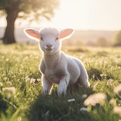 Obraz premium Baby Sheep in a Field, Generative AI Illustration