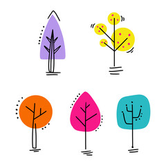 Multicolor Abstract Doodle Trees Vector Isolated Elements Set