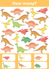 Counting children game cartoon. I spy game for toddlers. Find and count the dinosaurs worksheet. Counting educational activity for children and kids. 