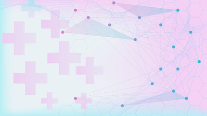 Abstract health care with medical cross and hexagonal shapes. Medicine, chemistry, science concept background.