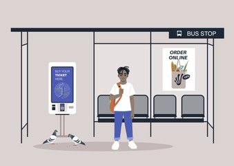 A full body portrait of a school kid carrying a backpack on one strap, a bus station with seats, commercial posters, and a digital ticket machine
