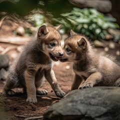 Wolf Pups Playing, Generative AI Illustration