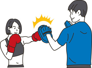 ミットにパンチを打つ女性と男性トレーナー
