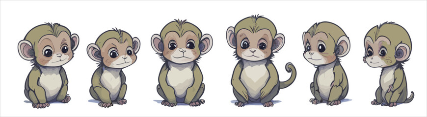 Cartoon monkeys set with different poses and emotions. Monkey behavior, body language and face expressions. simple cute style, isolated vector illustration.